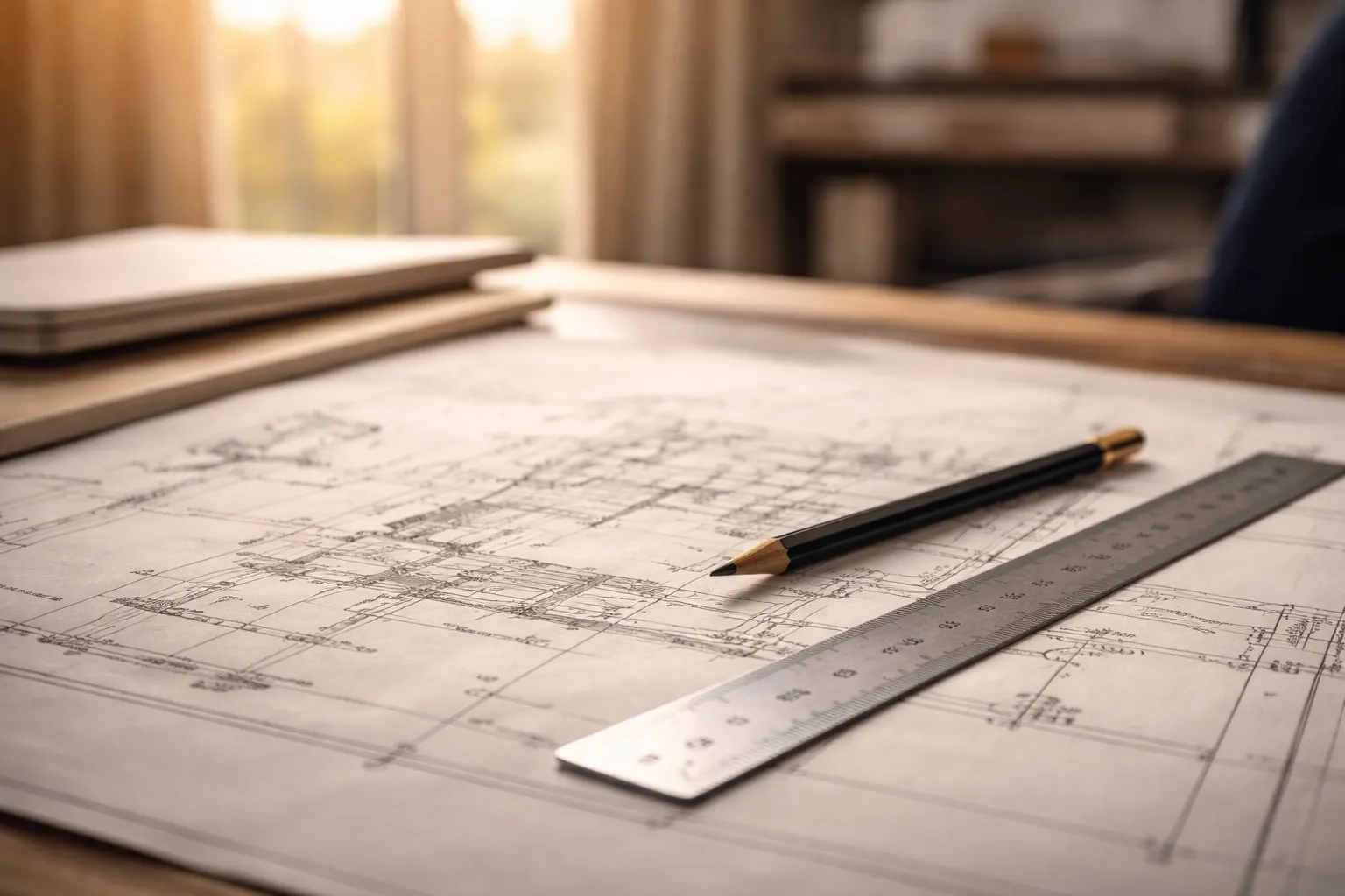 Plans techniques et outils de dessinateur pour un dossier de permis de construire